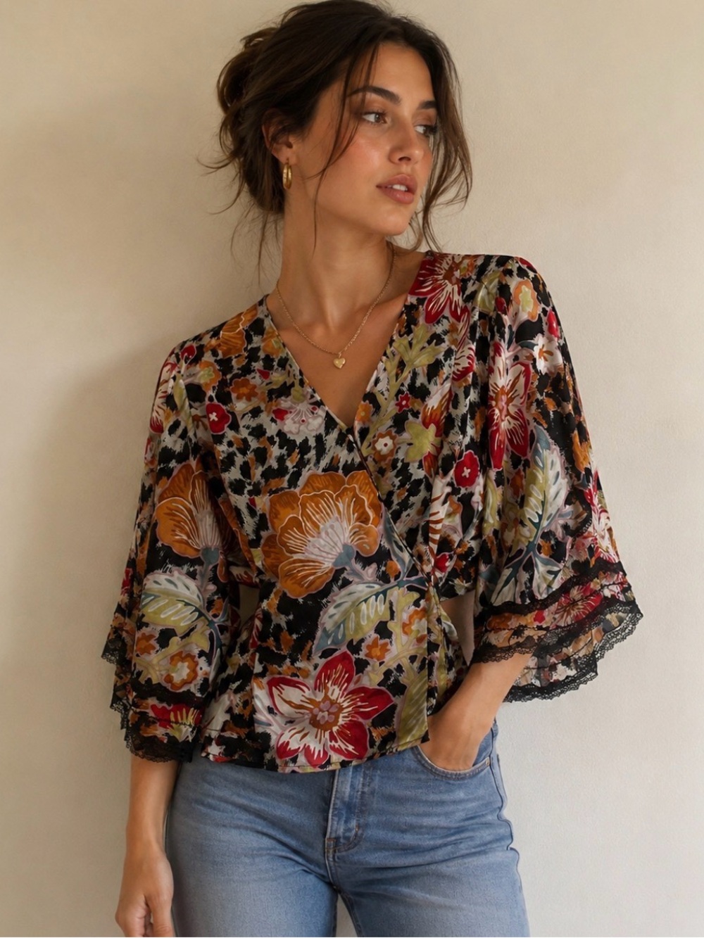 Spenser Jeremy Y2K Silk Floral Wrap Top Medium Black Animal Print Angel Sleeve